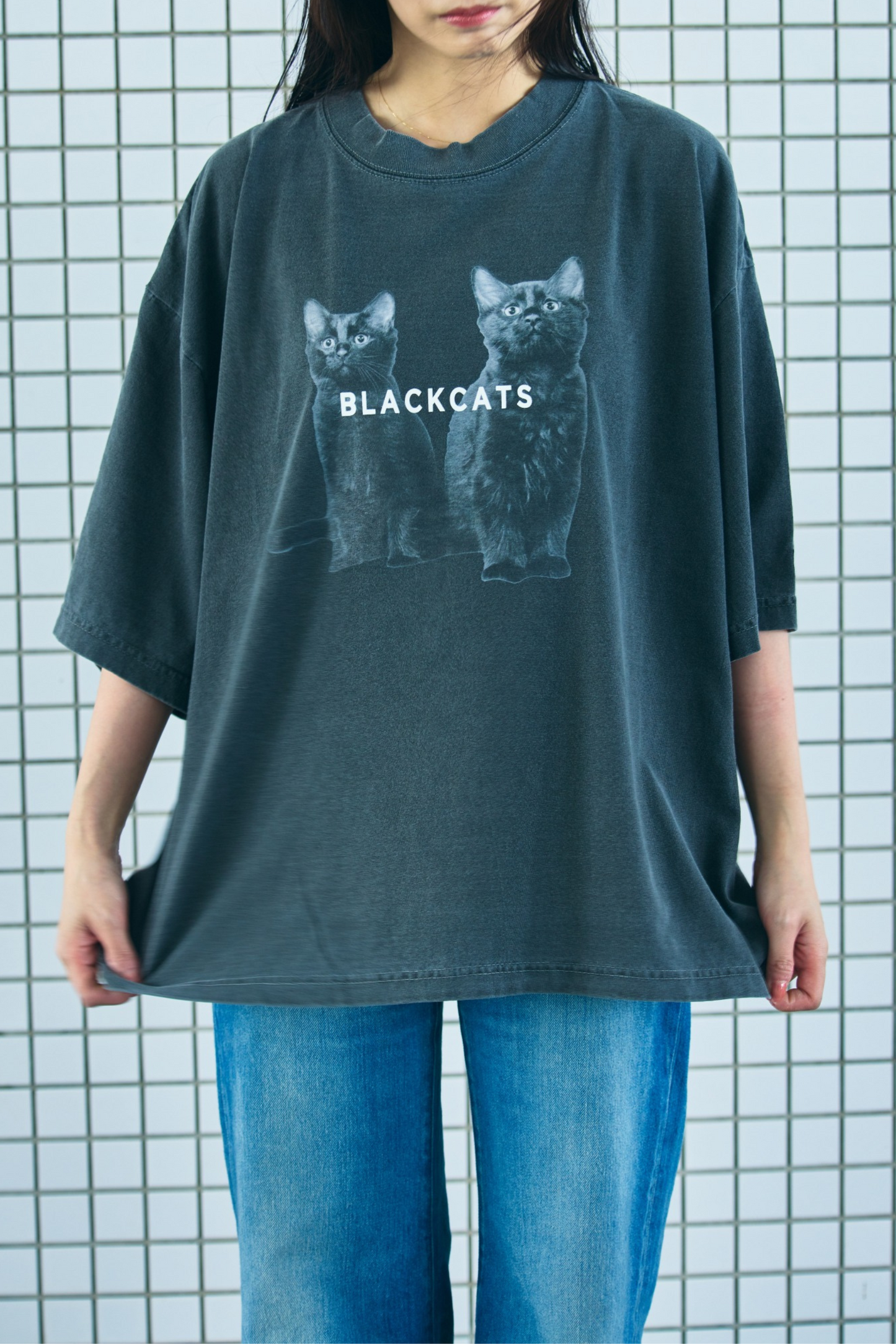 【Black cat】Cat Printed Crew T-shirts(ヘビーウェイト&ビッグシルエット) c008